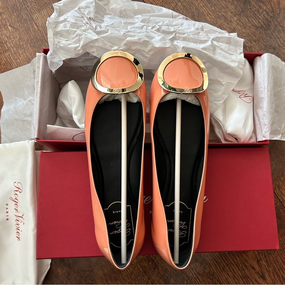 Roger Vivier Peach / Salmon Flats with Gold Buckle